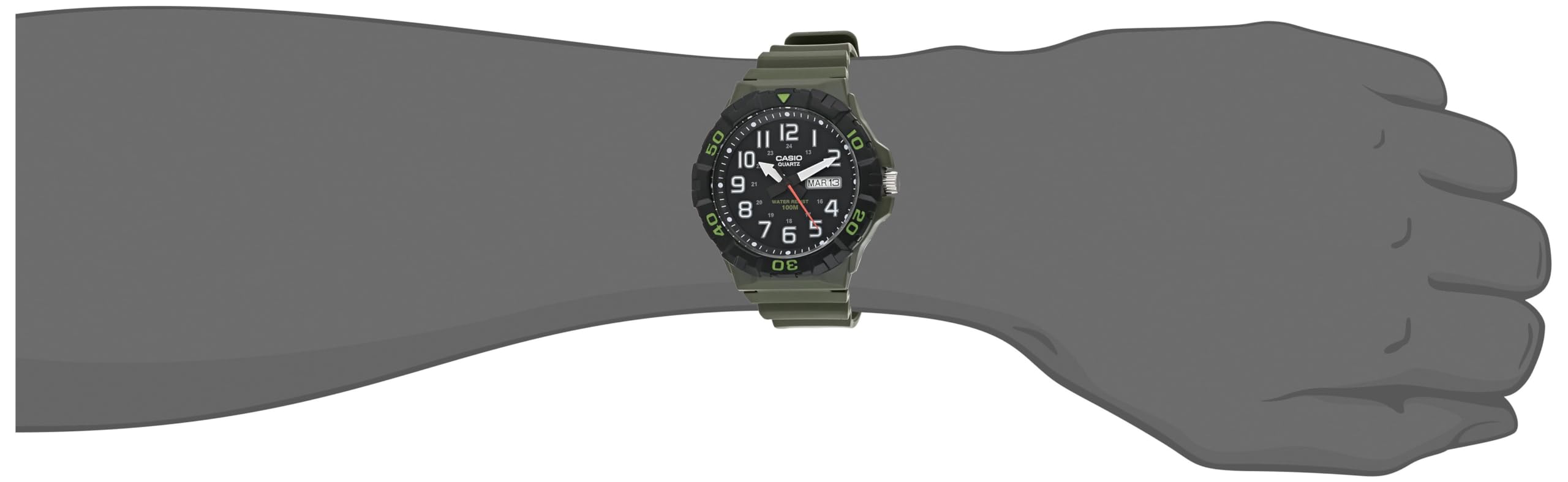 Casio MRW200H Series | Men's Analog Watch | Green | Sporty Design | 100 Meter Water Resistance | Date Display | Rotary Bezel | R