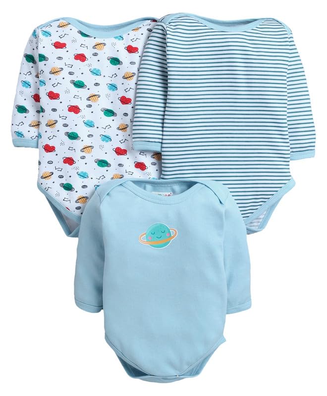 Bumzee Baby Boys Cotton Full Sleeves Bodysuit/Onesie/Leotard Sky Blue & White - New Born (Peb11026A-Sbl)