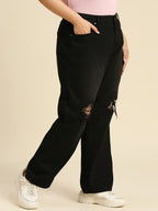 High Star Women Plus Size Comfort Wide Leg High-Rise Low Distress Jeans Charcoal Black