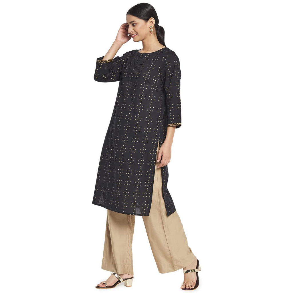 Fabindia Women Cotton Printed Knee Length Kurta Black