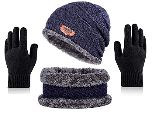 Digital Shopee Winter Knit Beanie Cap Hat Neck Warmer Scarf And Woolen Gloves Set Skull Cap For Men/Women - (3 Piece Set, Navy B