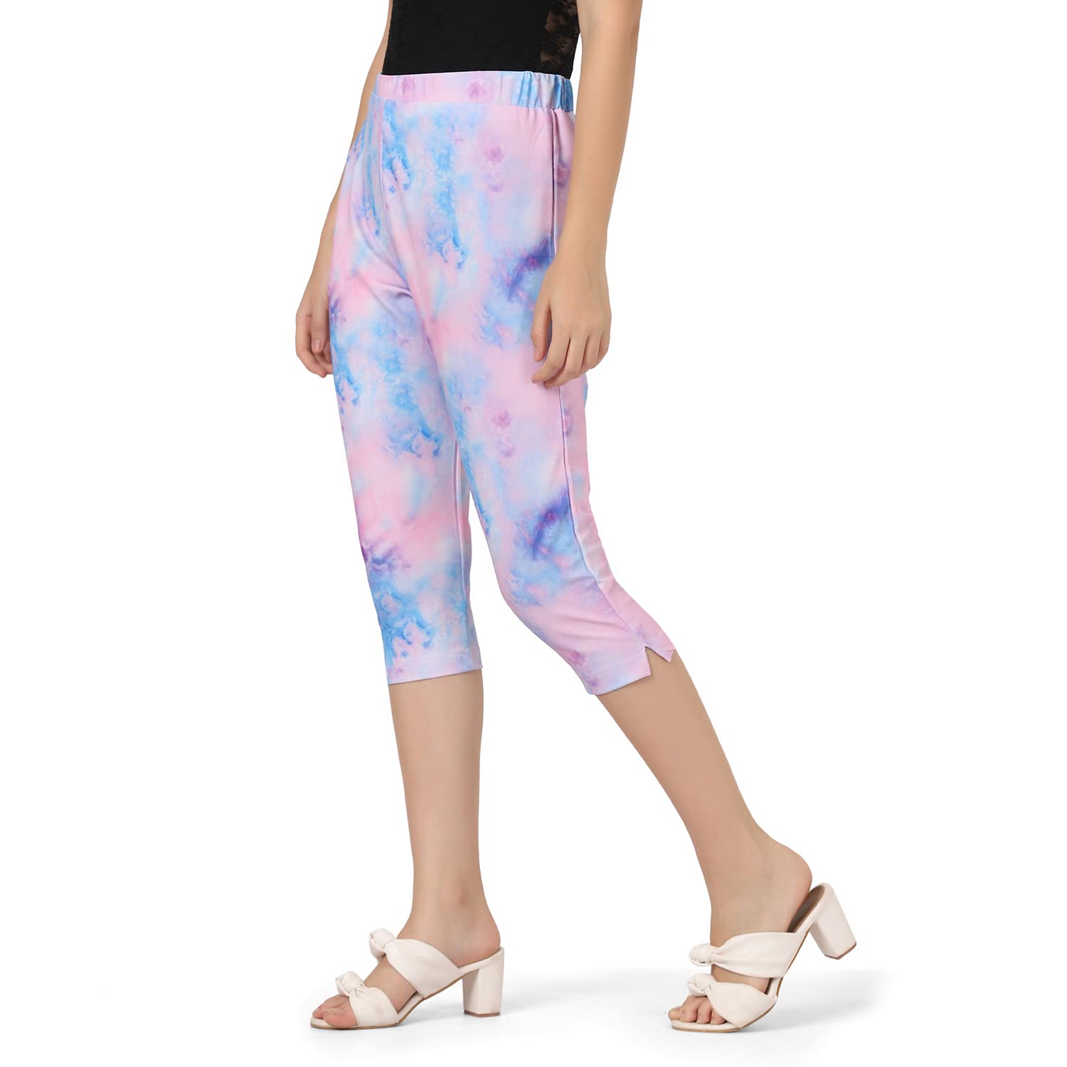 OM SAI LATEST CREATION Womens Tie-Dye Calf Length Capri Cropped Leggings Cotton Lycra Fabric Slim Fit 3/4th | Pants (Grey_L) (S