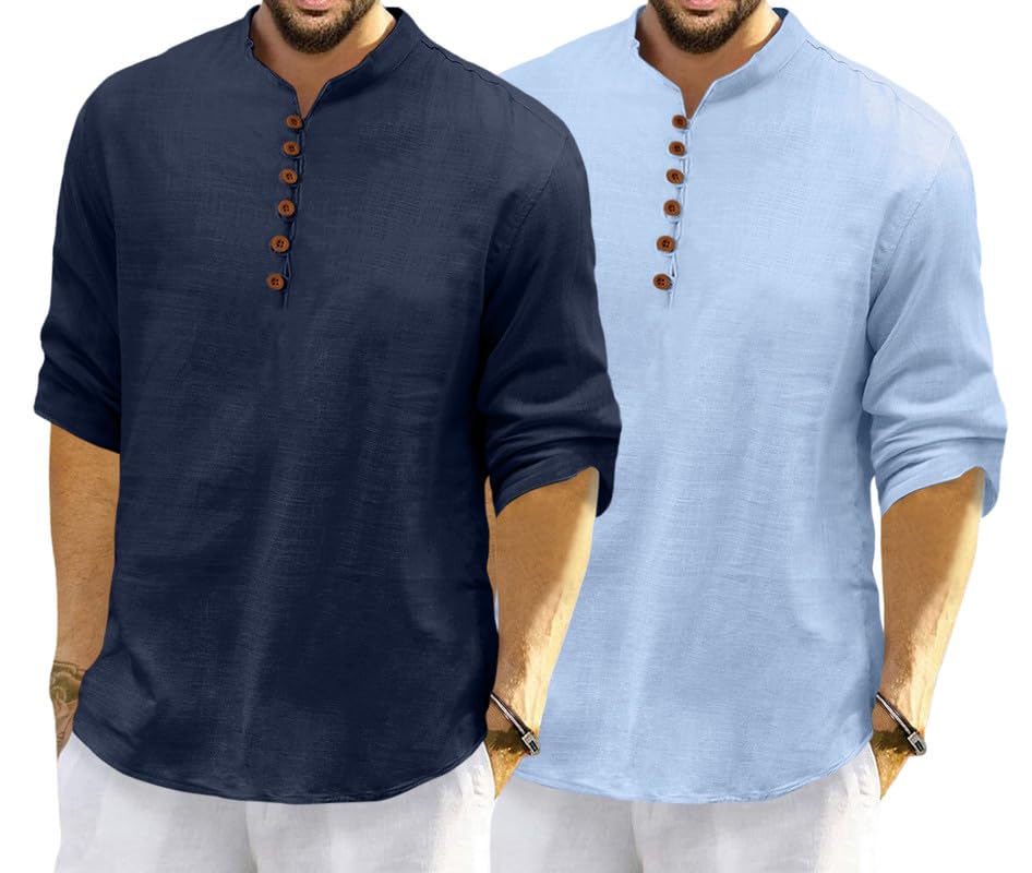 Macsivo MenS Cotton Blend Kurta | Band Collar | Casual | Plain | Formal | Full Sleeve | Summer | Regular Fit - (Combo Pack Of 2
