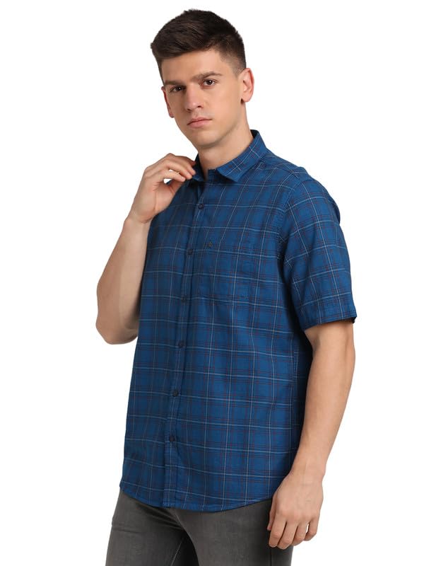 Turtle Men 100% Cotton Slim Fit Blue Check Half Sleeve Casual Shirt