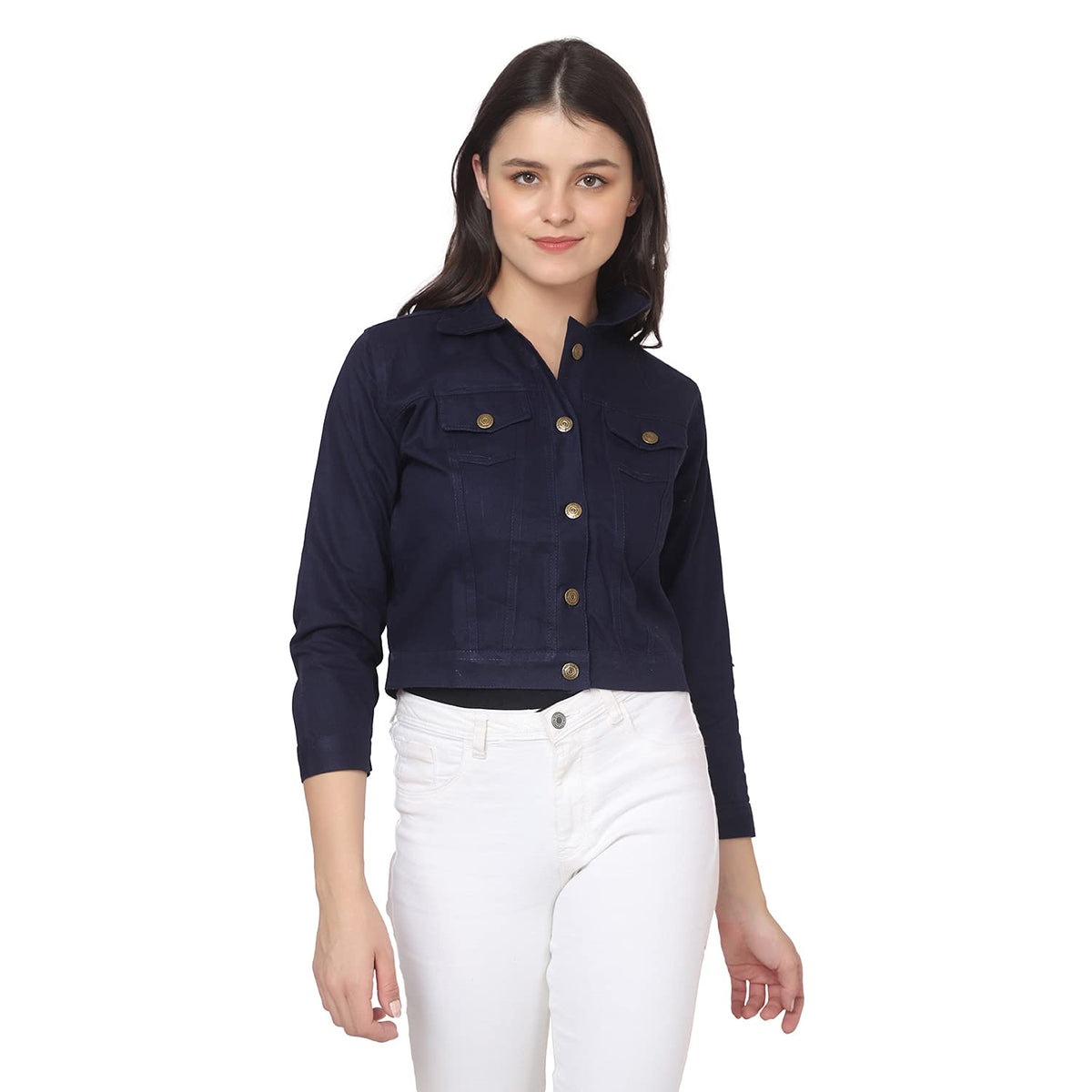 Twill Cotton Blend Buttoned Women Regular Jacket (Navy Blue, Large)