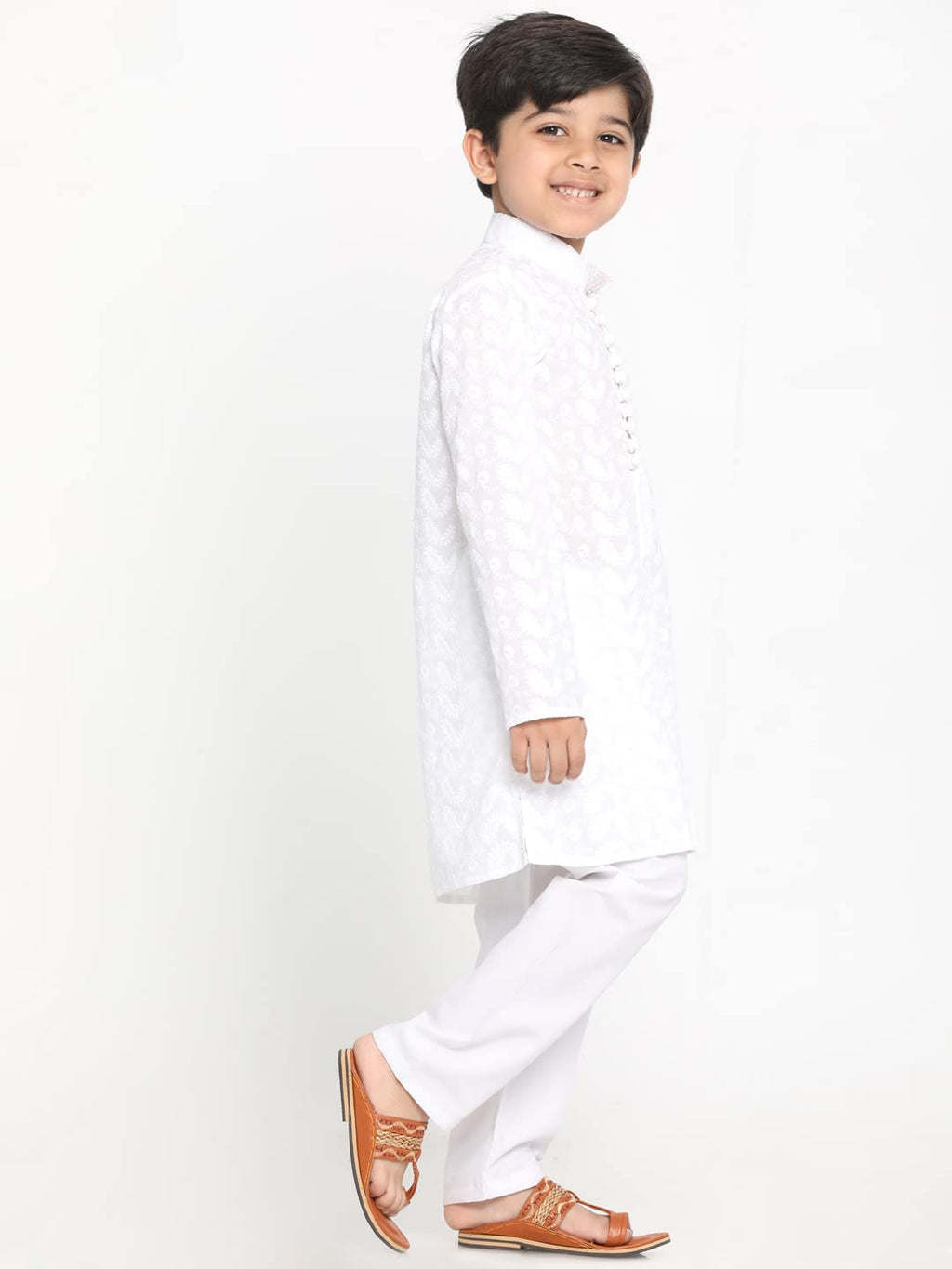 Vastramay Boys Cotton Kurta Pyjama Set With Lucknowi Chikankari Embroidery, Full Sleeves & Mandarin Collar  Perfect For Festive