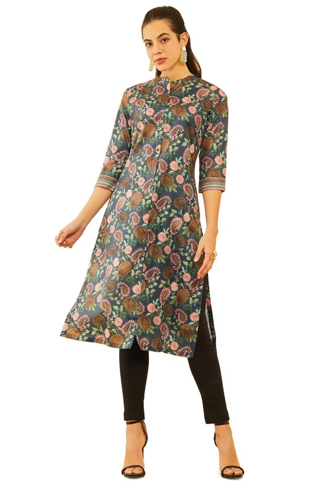 Soch Womens Charcoal Rayon Floral & Paisley Printed Straight Kurta