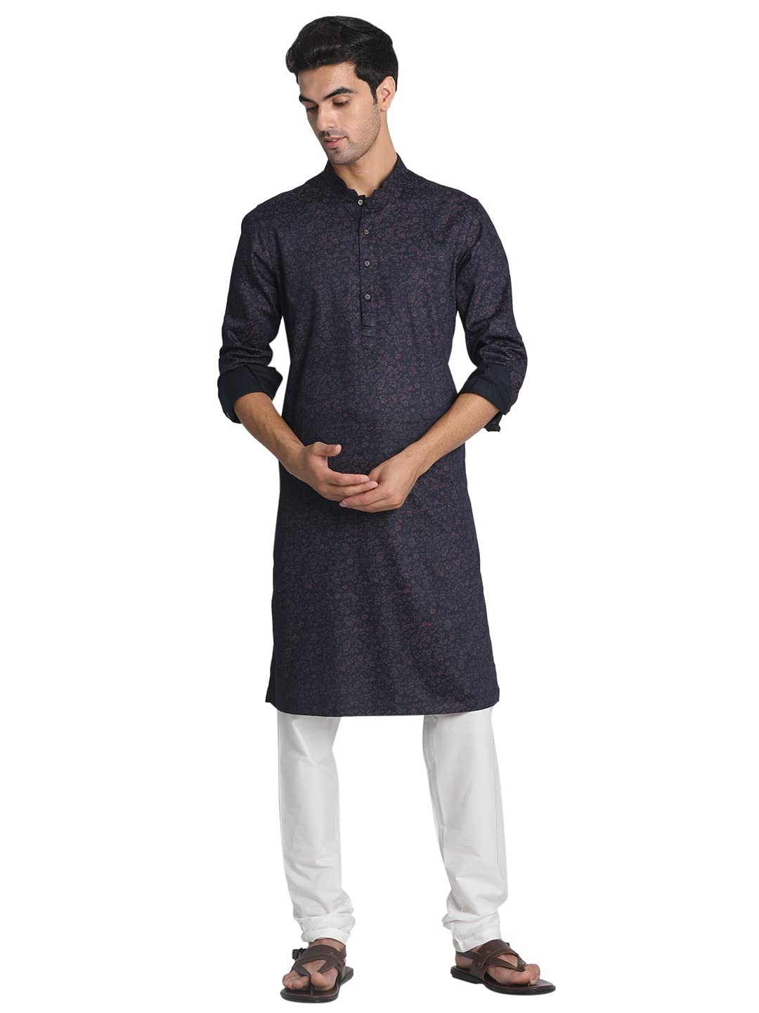 Manyavar Blue Cotton Full Sleeve Kurta | Traditional Kurta for Men (M)