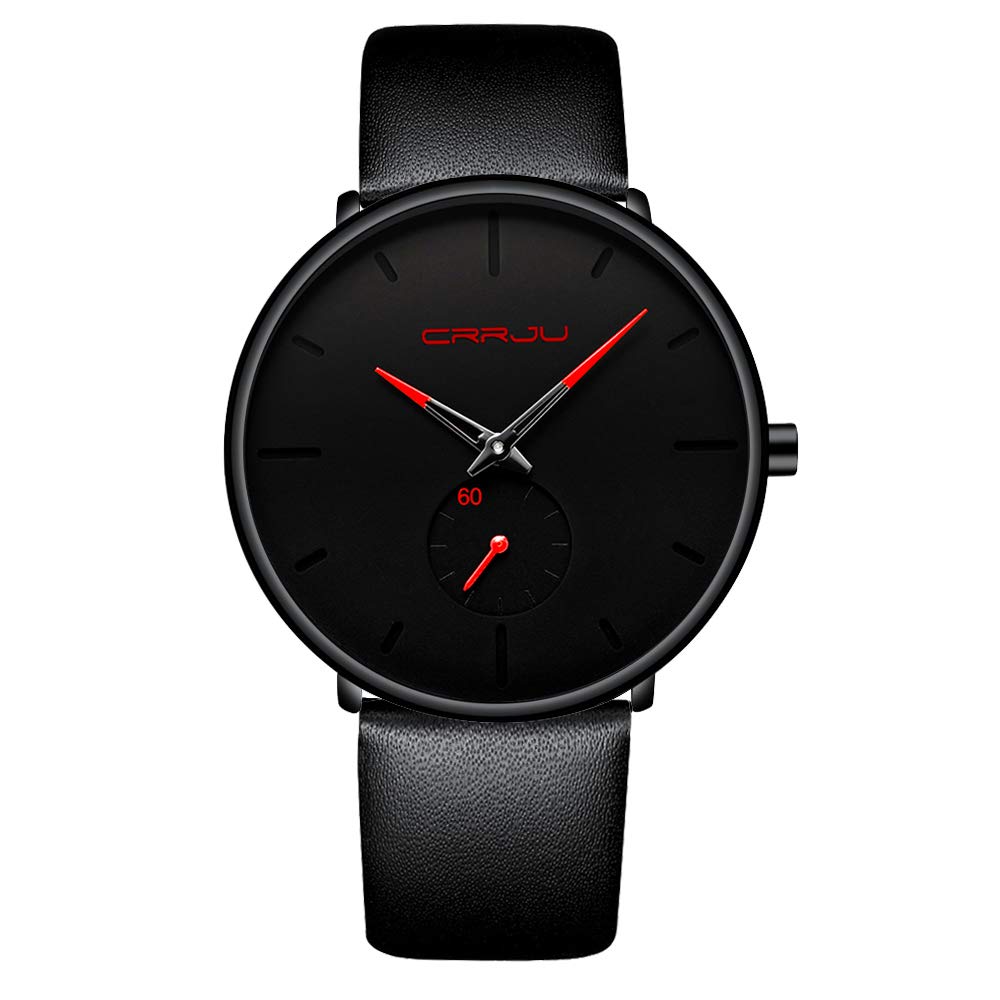 Mens Watches Ultra-thin Minimalist Waterproof-Fashion Wrist Watch for Men Unisex Dress with leather Band-Red Hands