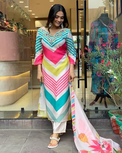 ANNI DESIGNER Womens Cotton Blend Straight Printed Kurta with Pant & Dupatta (Dhimi Pink-NW_S_Pink_Small)