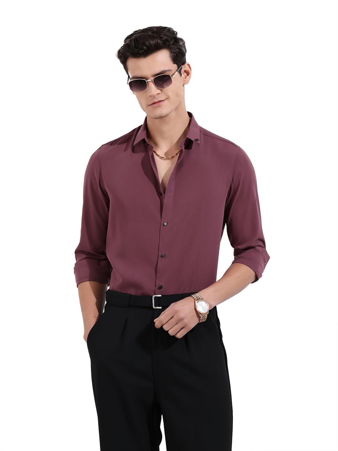 The Indian Garage Co Mens Slim Fit Solid Cutaway Collar Long Sleeves Party Shirt