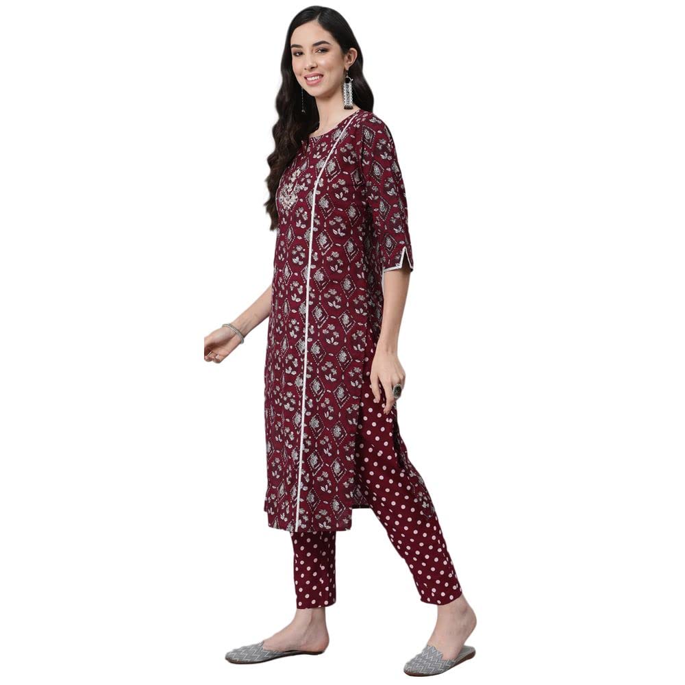 anubhutee Women Maroon Ethnic Motifs Thread Work Pure Cotton Kurta with Trousers With Dupatta