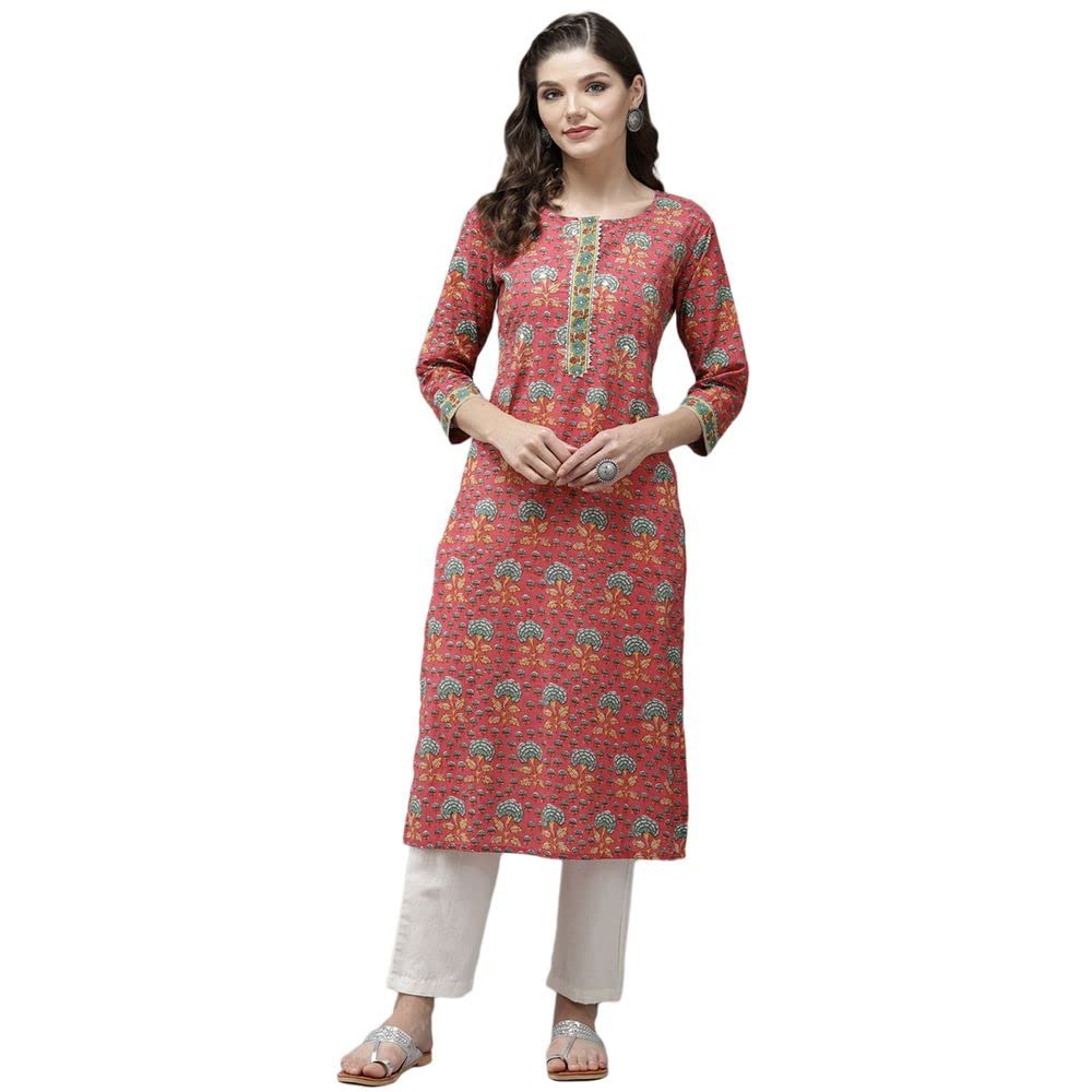 Anubhutee Women'S Cotton Pink Gota Patti Work Ethnic Motifs Printed Straight Kurta Suit Set With Pants