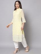 Ekasya WomenS Georgette Straight Cut Notch Neck Kurta With Beautiful Embroidery Work (E1547) Yellow