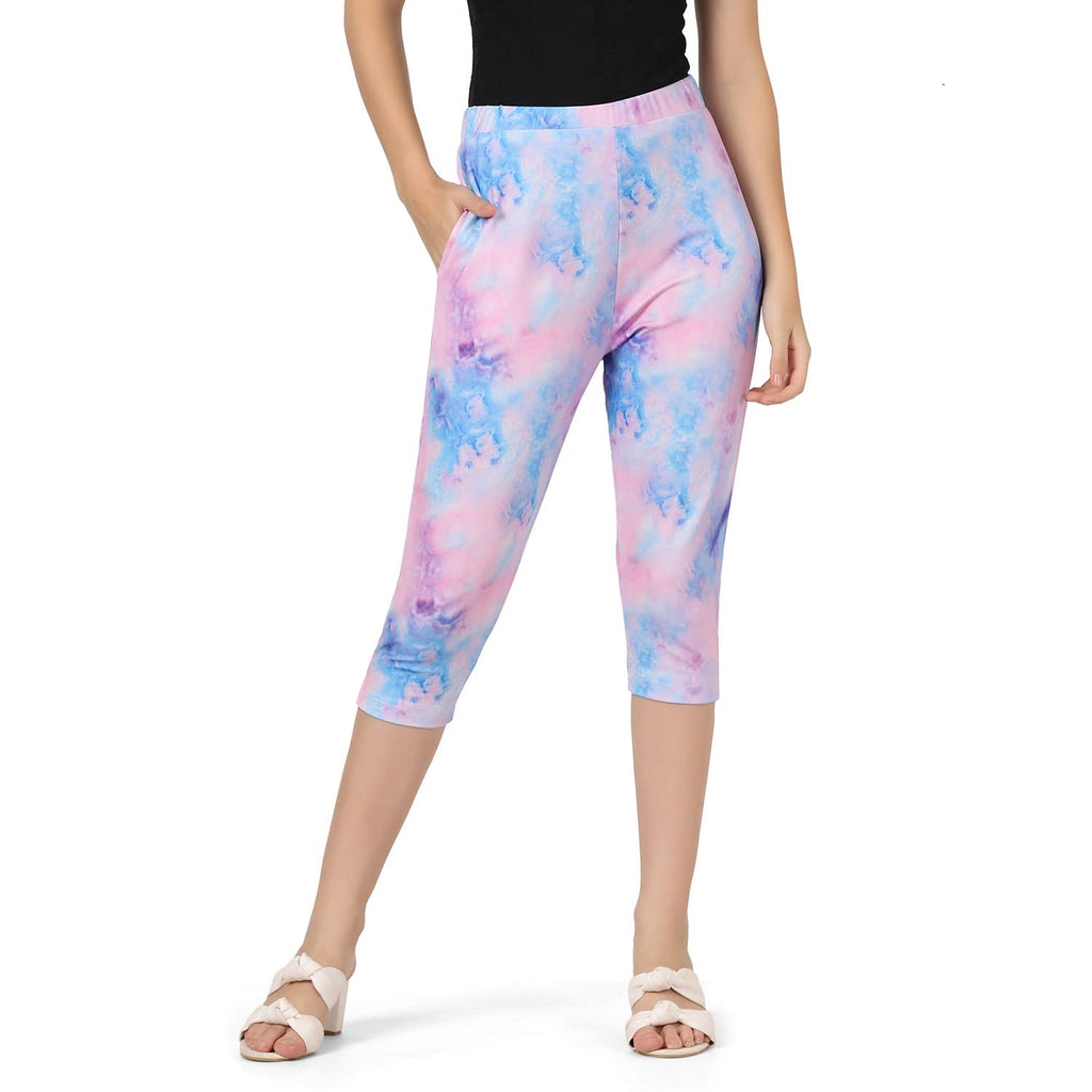 OM SAI LATEST CREATION Womens Tie-Dye Calf Length Capri Cropped Leggings Cotton Lycra Fabric Slim Fit 3/4th | Pants (Grey_L) (S