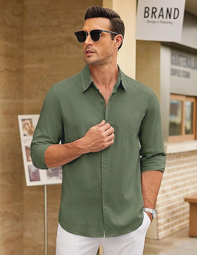 CB-COLEBROOK Mens Long Sleeve Button Down Shirts Casual Cotton Linen Shirts Summer Beach Shirt for Mens Top (in, Alpha, L, Regu