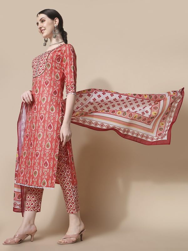 Nainvish Cotton Blend Kurti Pant & Dupatta | Orange Kurta Set For Women | Women Kurta Pant Dupatta Set | Kurta Pant With Dupatta Set | Printed Kurta Pant Dupatta Set