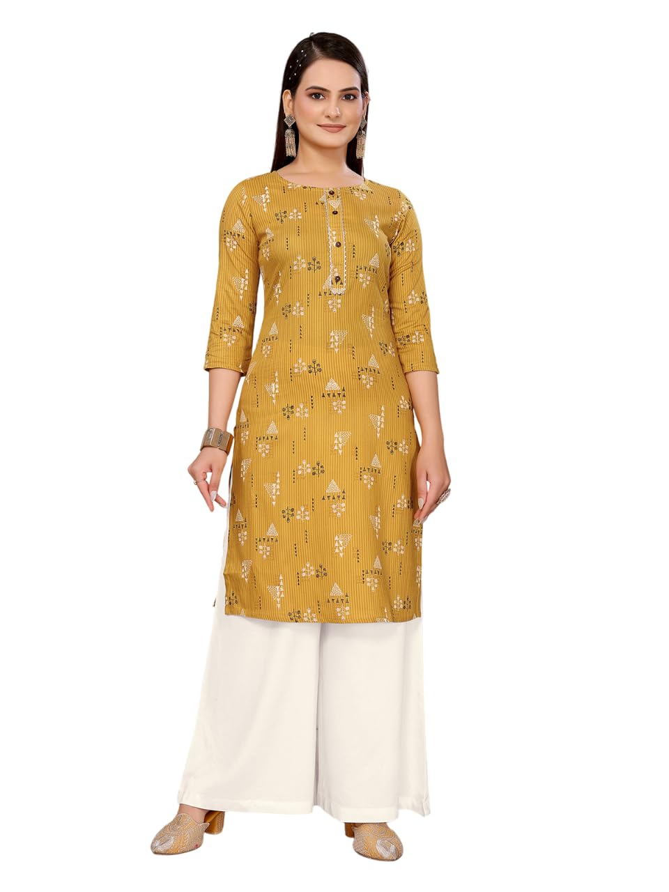 Rangita Mustard Rayon Straight Printed Knee Length Kurti | Kurta For Women_M