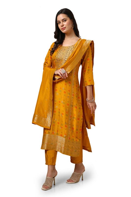 Soch Womens Mustard Brocade Suit Set With Beads And Stones