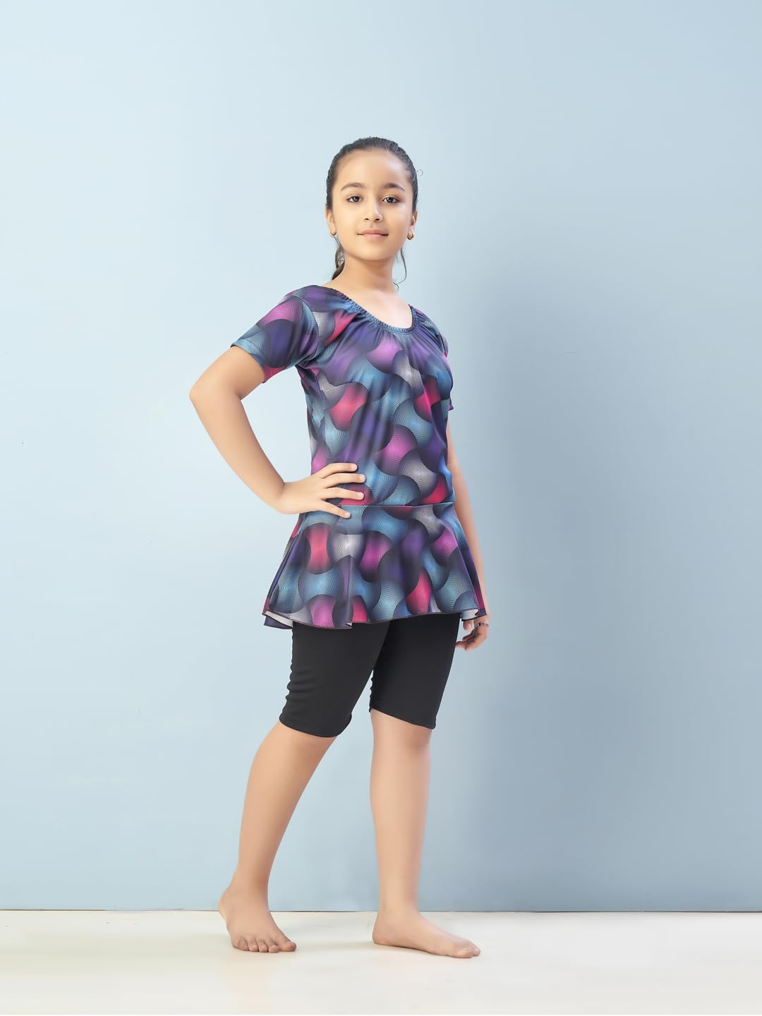 Aarika Girls Sports Wear Multi-Black Colour Abstract Print Nylon Swim Suit (5-15 Years)-(SW-SHM-CA-1120)