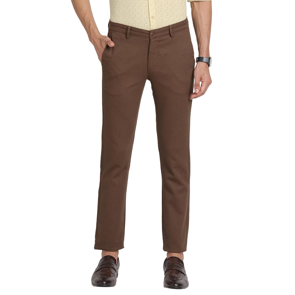 Turtle Men Cotton Stretch Dobby Print Ultra Slim Fit Brown Casual Trouser
