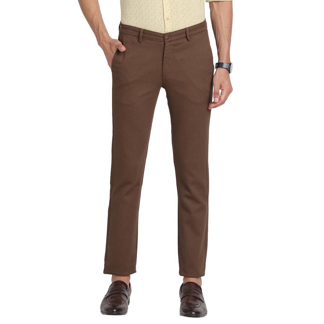Turtle Men Cotton Stretch Dobby Print Ultra Slim Fit Brown Casual Trouser