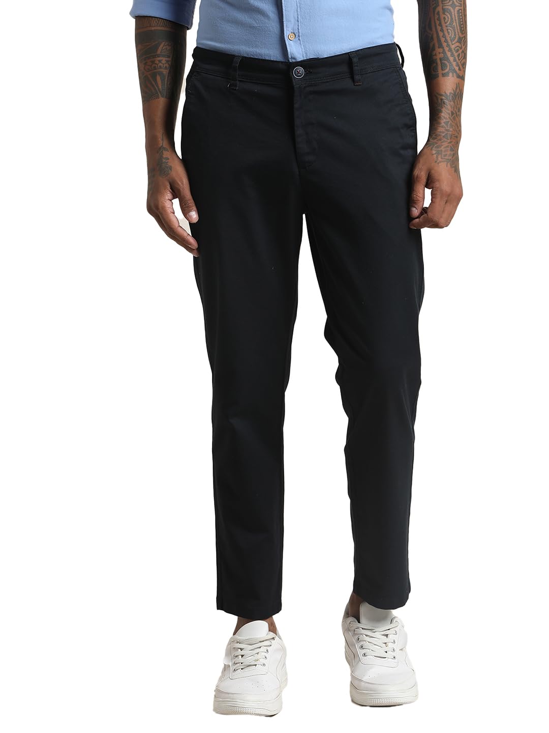 Turtle Men Cotton Stretch Anklen Length Solid Flat Front Navy Blue Trouser Trouser