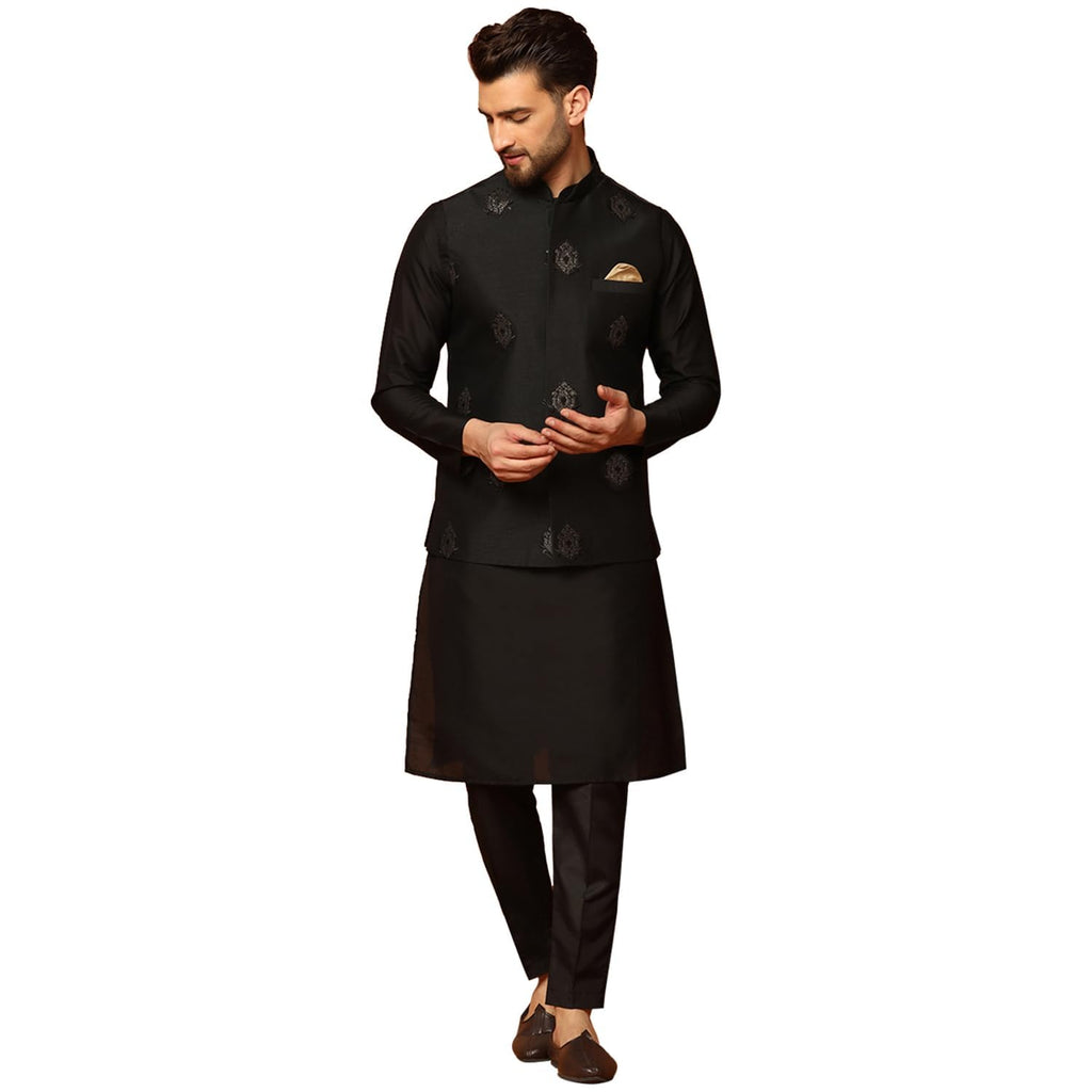 Kisah MenS Kurta Jacket Trousers Set Cotton Blend, Embroidered, Full Sleeves, Straight, Regular Fit, Mandarin Collar Ethnic Wea