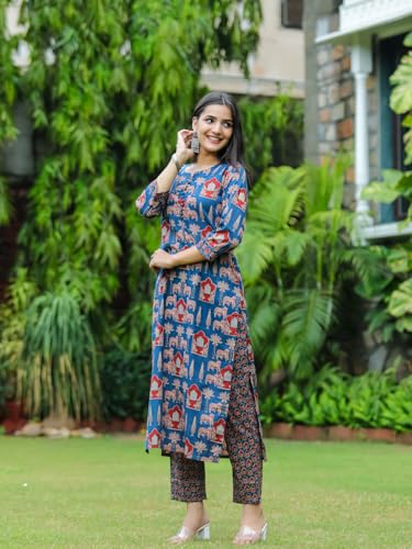 ANNI DESIGNER Womens Cotton Blend Straight Printed Kurta with Pant (Kagali Blue_S_Blue_Small)