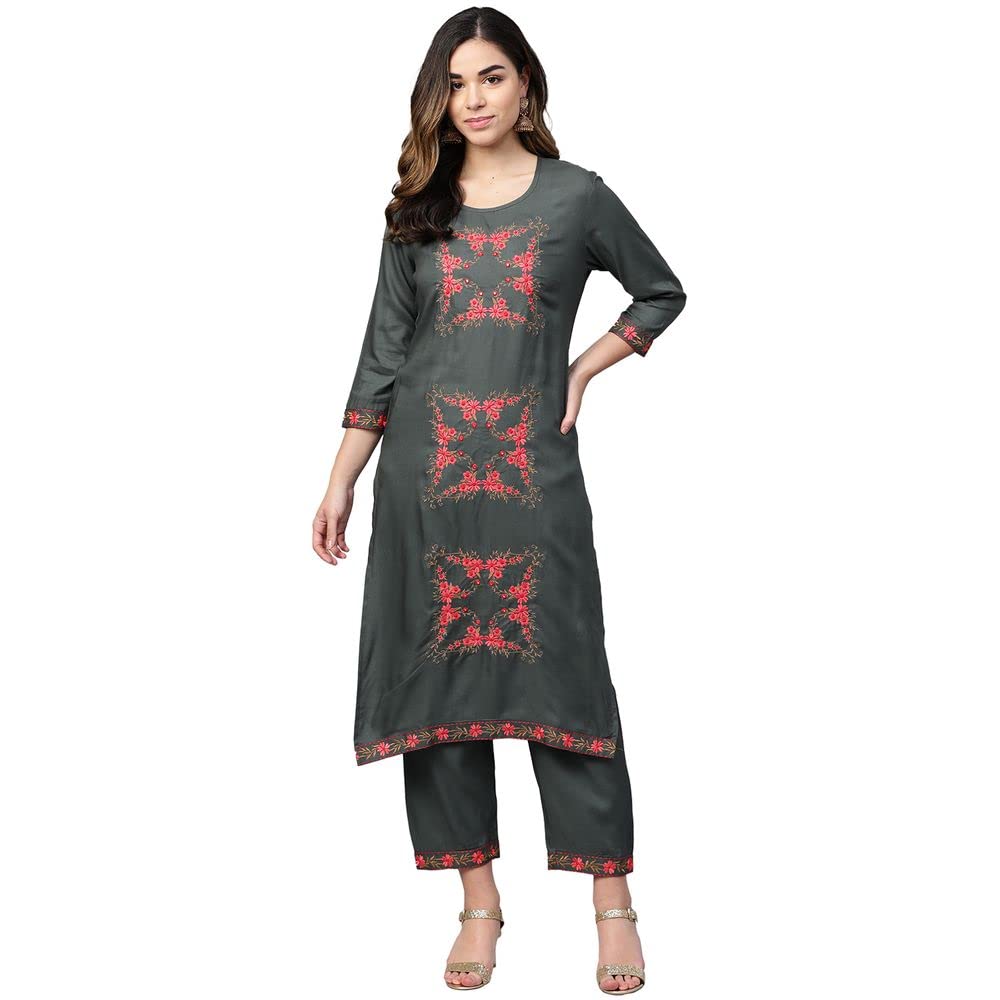 Anubhutee Women'S Rayon Charcoal Grey Mirror Work Floral Embroidered Straight Kurta Suit Set With Pants