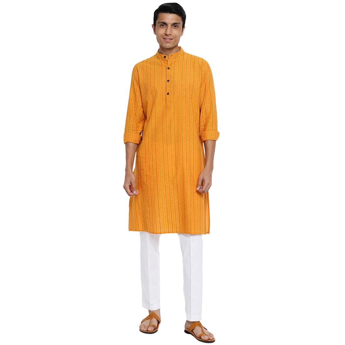 Fabindia Men Cotton Dobby Long Kurta Yellow_Xs