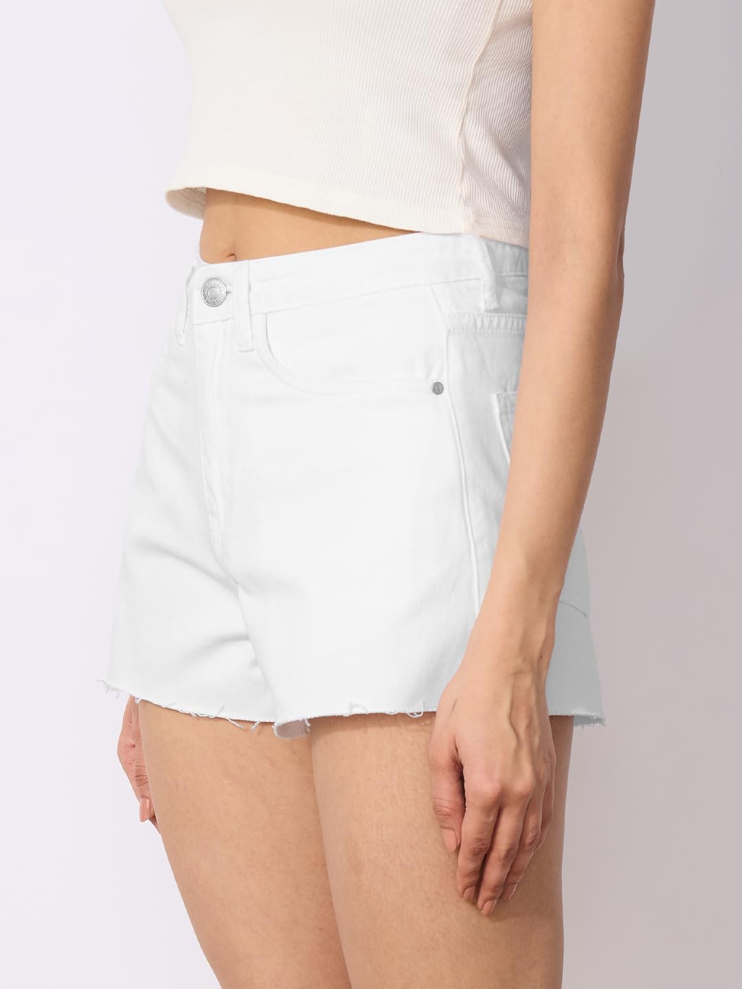 The Souled Store Denim Shorts: Moonlight Women and Girls Buttoned White Cotton Mini Above The Knee Denim Shorts