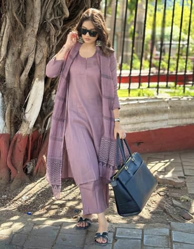 ANNI DESIGNER Womens Rayon Blend Straight Solid Kurta with Pant & Dupatta (Raja Saab Purple_XL_Purple_X-Large)