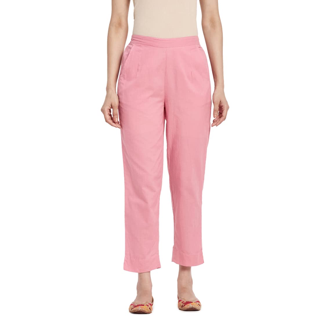 Fabindia Women Cambric Tapered Straight Style Mid Rise Pant Cotton_28 Pink