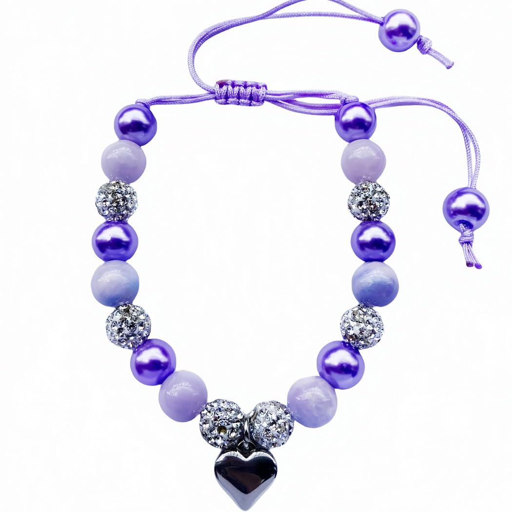 DOLON Purple Beaded Rhinestone Heart Charm Granddaugther Bracelet Adjustable Jewelry Back to School Birthday Christmas Holiday G