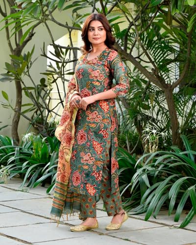 ANNI DESIGNER Womens Cotton Blend Straight Printed Kurta with Pant & Dupatta (FTA Green_M_Green_Medium)