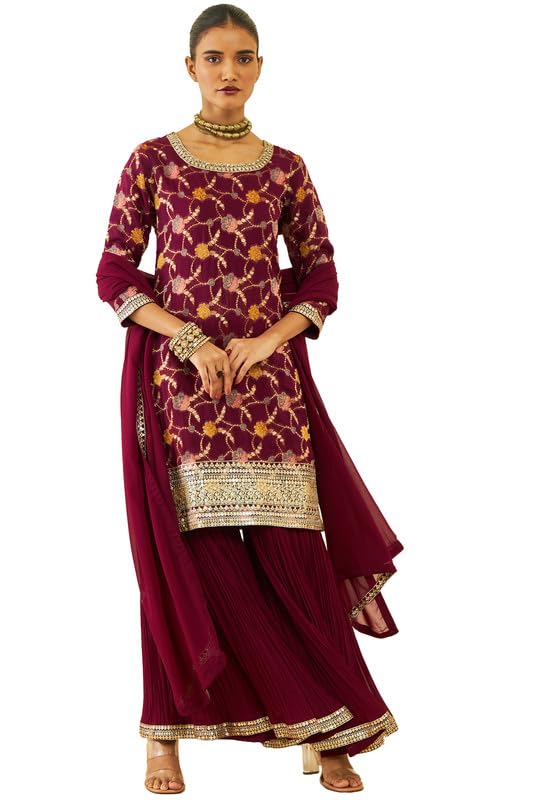 Soch Women Brocade Floral Woven Sharara Suit Set with Dupatta