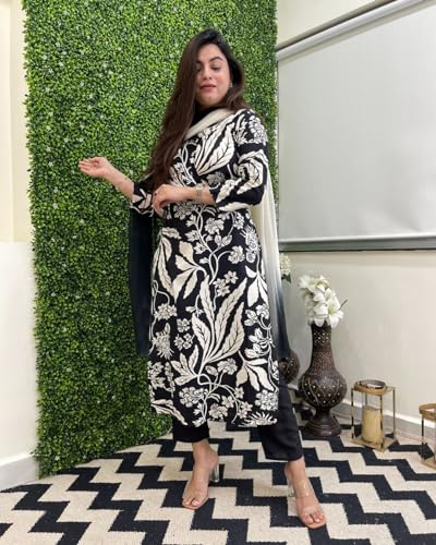 ANNI DESIGNER Womens Cotton Blend Printed Straight Kurta with Pant & Dupatta (Jasper Black_XXL_Black_XX-Large)