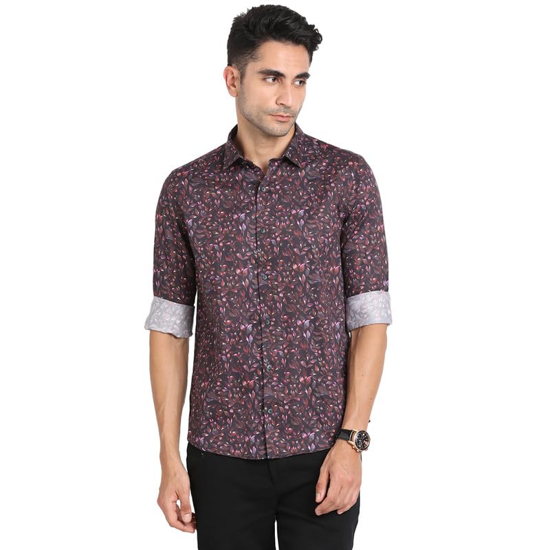 Turtle Men Cotton Tencel Slim Fit Brown Printeds Party Shirt