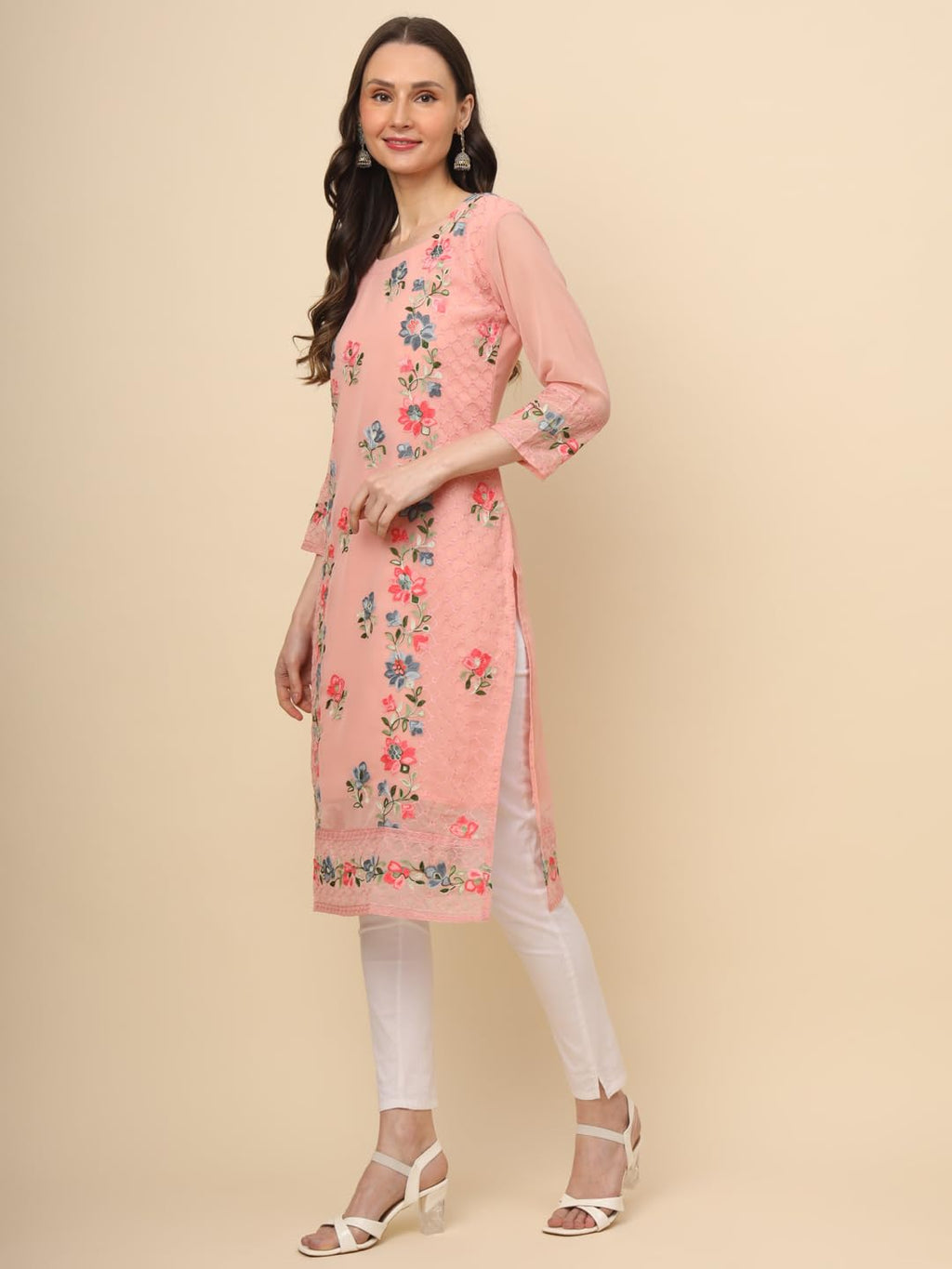 Ekasya WomenS Georgette Straight Cut Round Neck Kurta With Beautiful Embroidery Work (E1628) - Elegant Design, Intricate Embroi