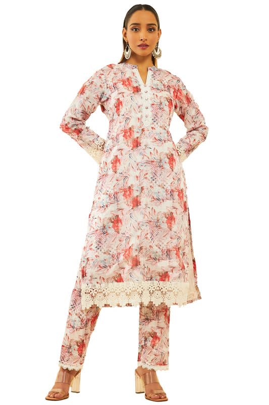 Soch Womens Red Kota Floral Printed Kurta Set With Lace Attached