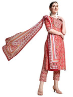 Nainvish Women'S Cotton Blend Straight Round Neck Printed Kurta Pant With Dupatta (Sd404_Kbd-M._Red Orange)
