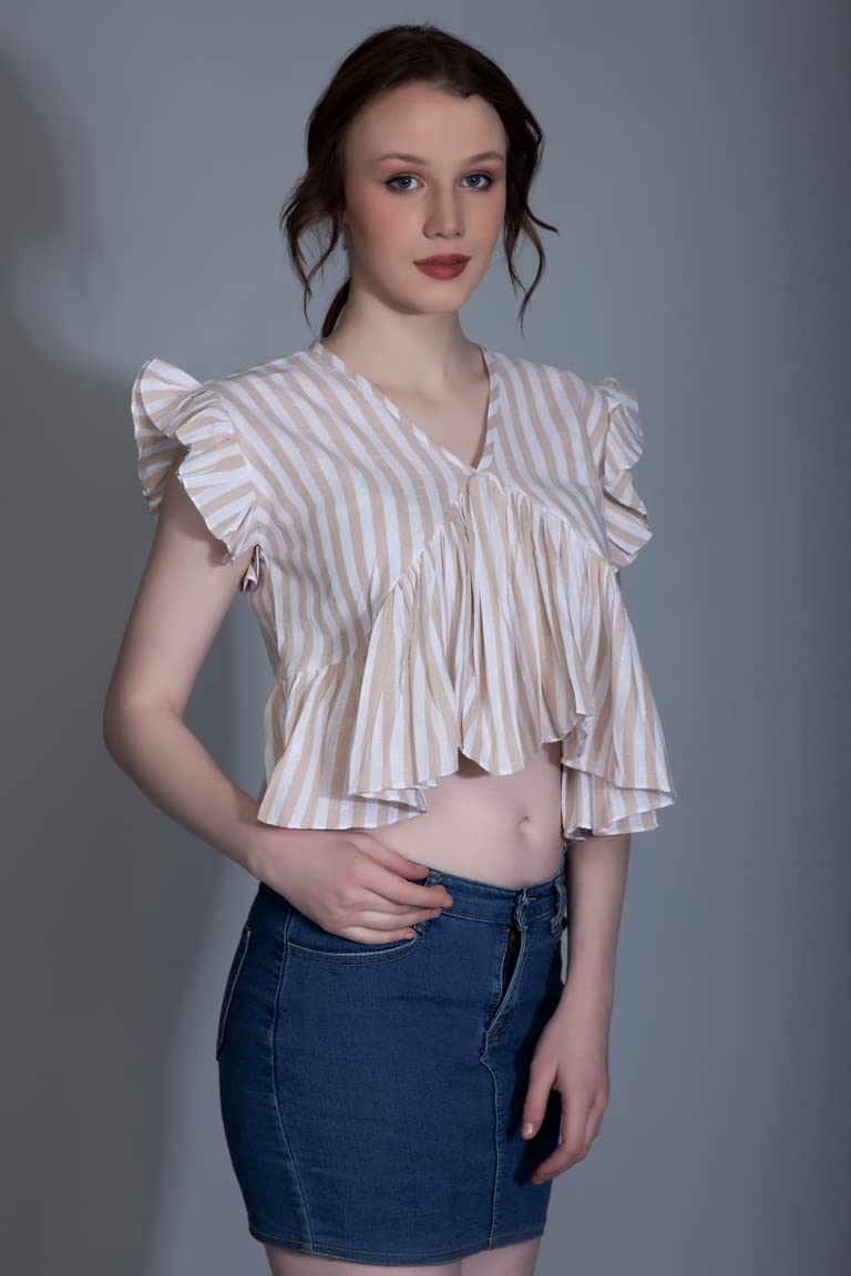 Leriya Fashion WomenS Western Crop Tops | Fancy Stripped With Ruffle Sleeves | Button Down Lightweight Cotton For Girls | Suita
