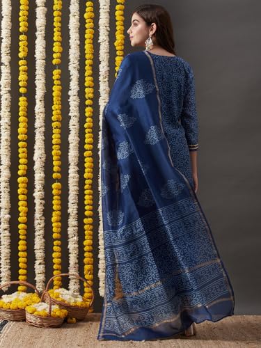 ANNI DESIGNER Womens Cotton Blend Straight Printed Kurta with Pant & Dupatta (Rakta Blue_S_Blue_Small)