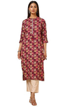 Soch Womens Wine Rayon Floral Print Kurta With Faux Mirror