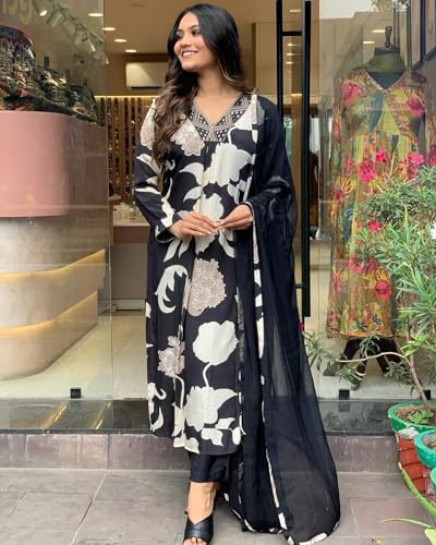 ANNI DESIGNER Womens Rayon Blend Straight Fit Printed Kurta with Pant & Dupatta (KALAL Black_4XL_Black_XXXX-Large)