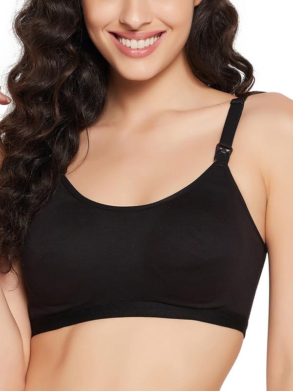Clovia Womens Cotton Solid Lightly Padded Full Cup Wire Free Maternity Bra (BR2337P13_Black_36D)