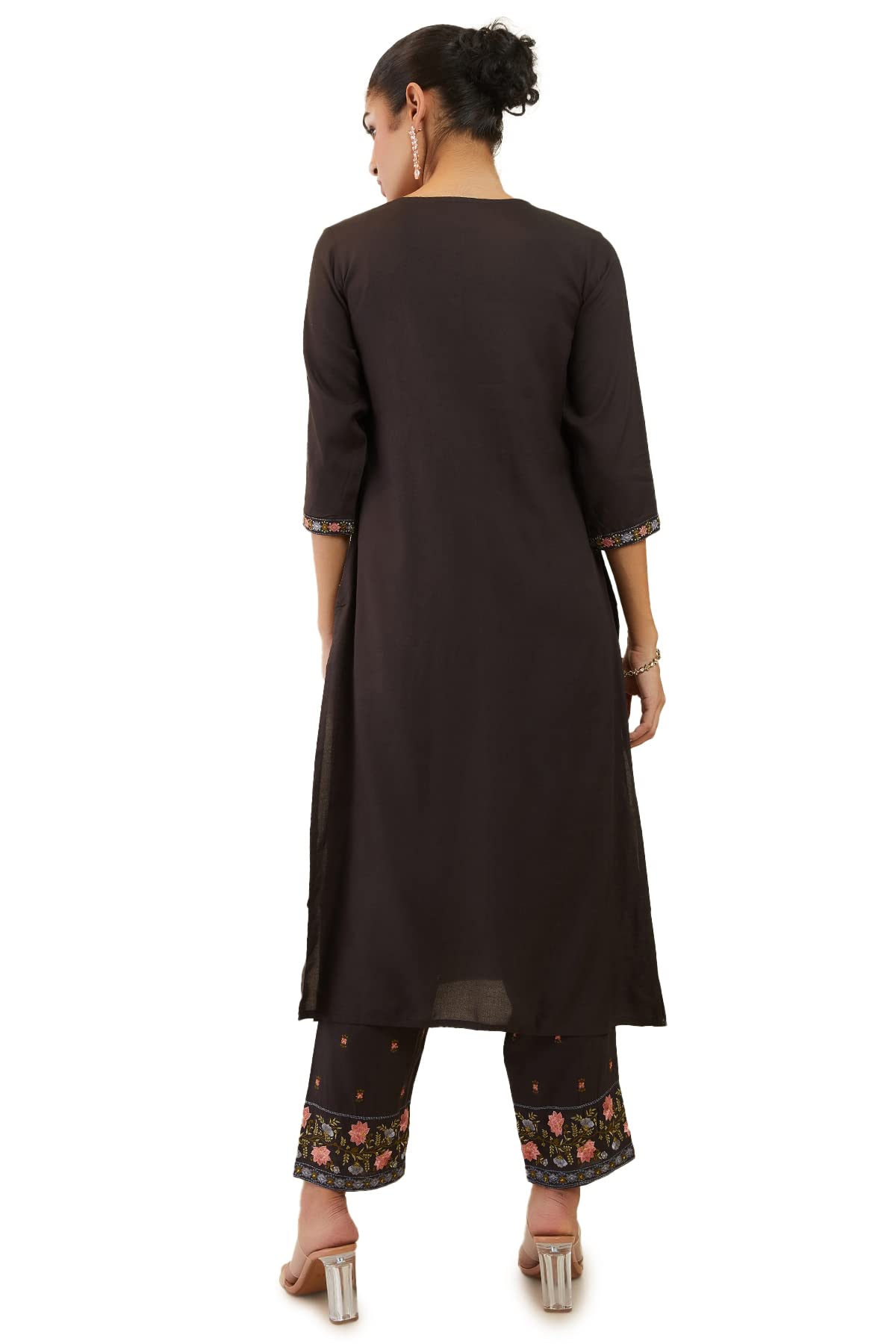 Soch Womens Charcoal Rayon Floral Embroidered Straight Kurta Set