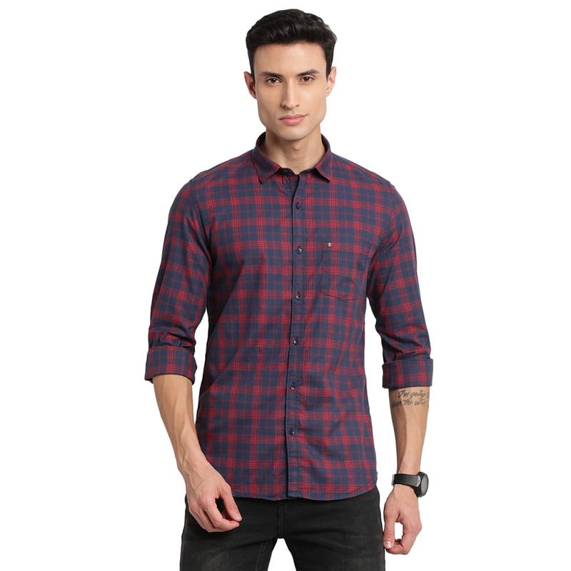 Turtle Men 100% Cotton Navy Blue Checkered Slim Fit Full Sleeve Casual Shirt
