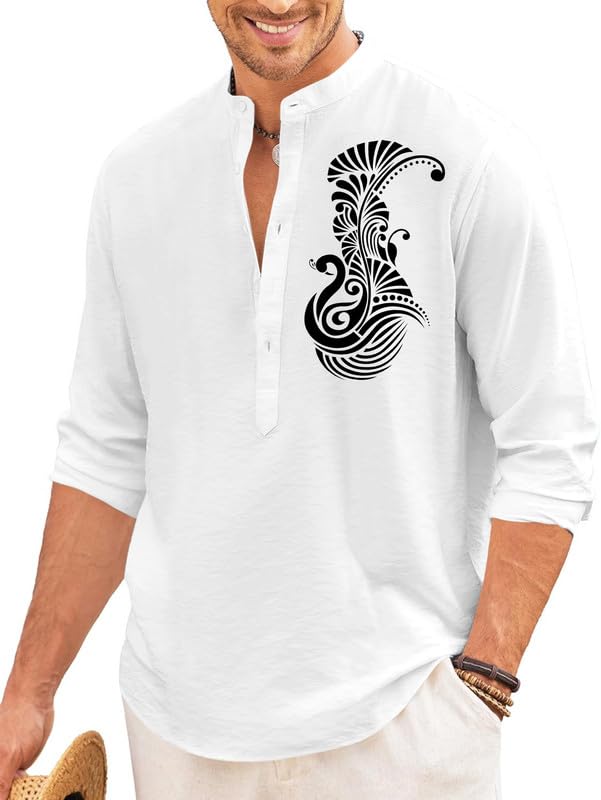 Finivo Fashion MenS Printed Cotton Blend Short Kurta With Artistic Chest Design | Stylish Full Sleeve Casual Kurta With Mandarin